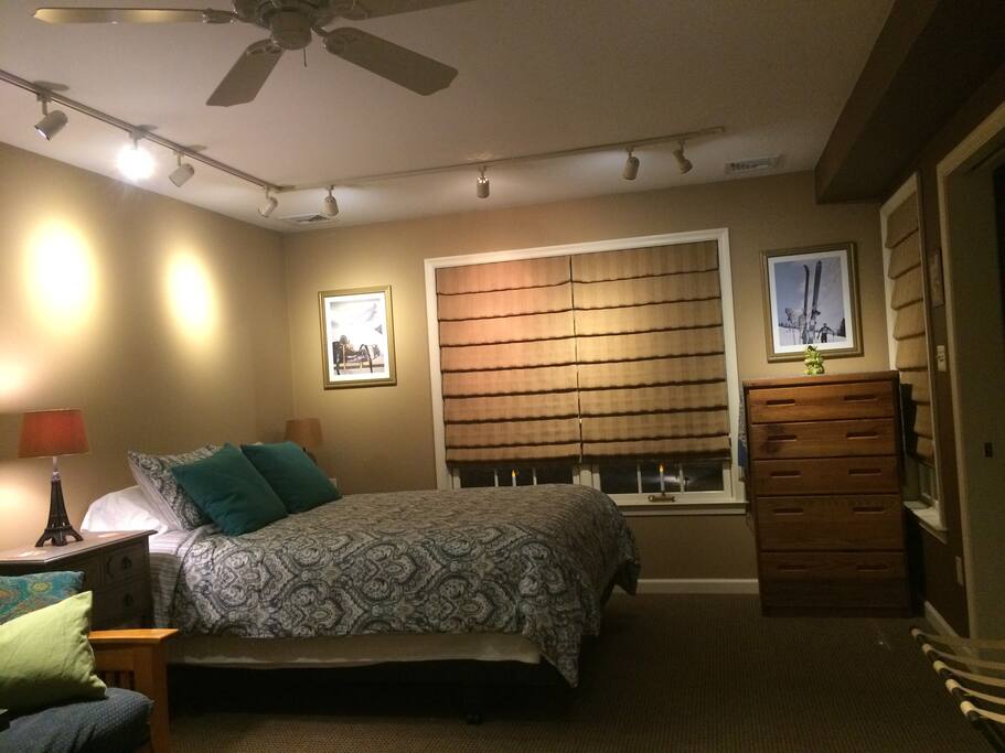 Comfy Queen bed and large chest of drawers.
