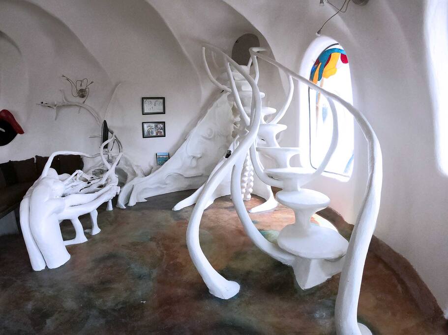 Moving up the vertebra staircase into the cavern loft