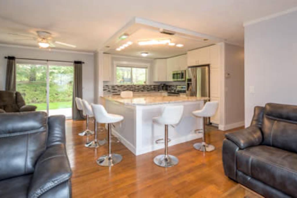 Open concept kitchen with seating for six and plenty of room on the island.