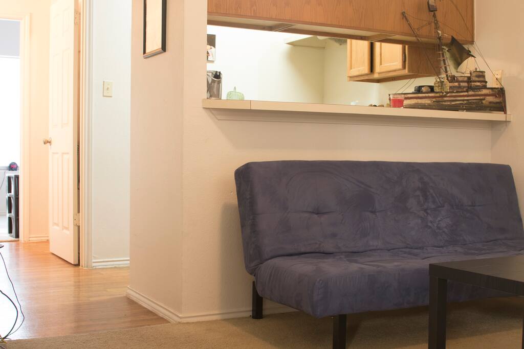 Living room looking into kitchen. The door on the left leads into the bathroom and bedroom.