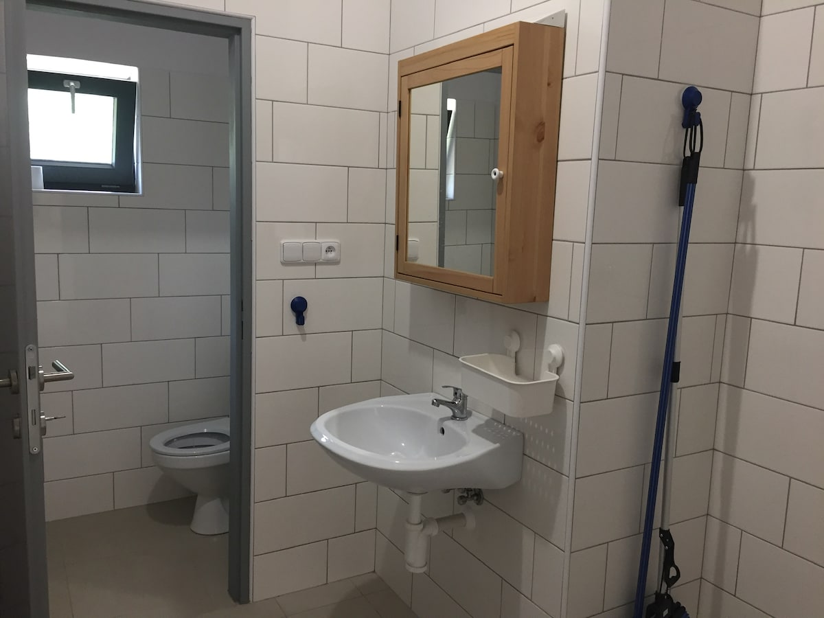 A clean bathroom space features a modern washbasin and a large mirror above it. Light-colored tiles enhance the bright atmosphere. A toilet is positioned to the right, with a small window allowing natural light. A cleaning tool is seen against the wall.