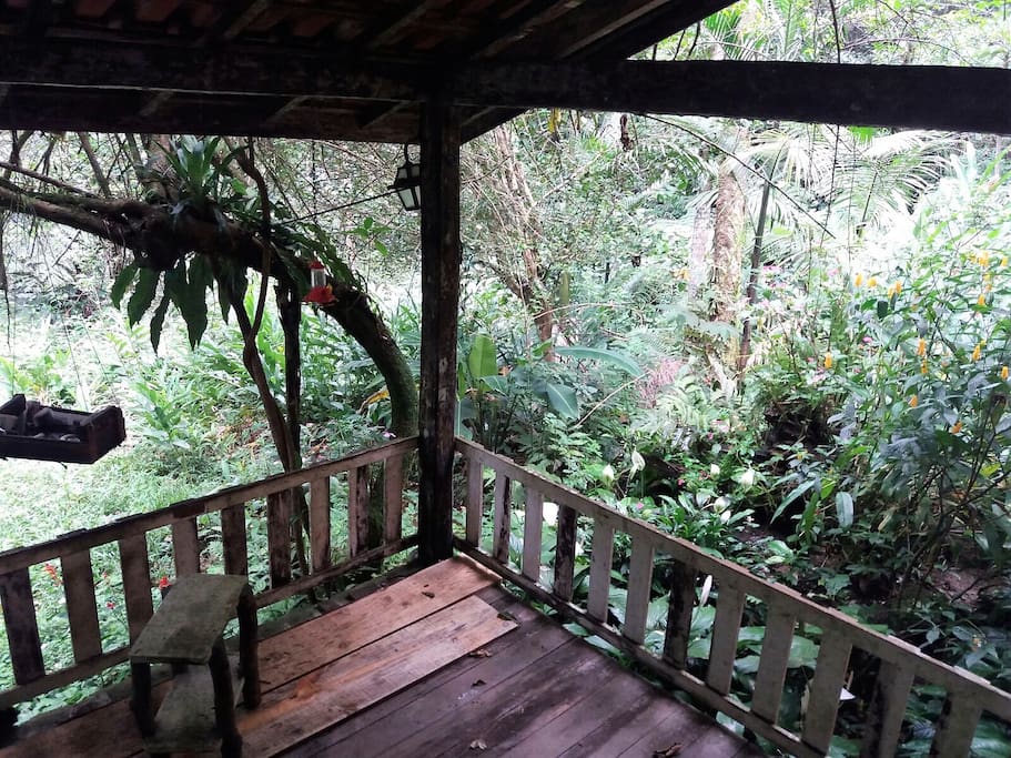 Varanda, comedor de pássaros e fonte