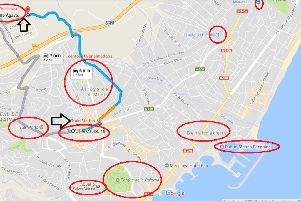 The house is just 5 minutes from Arroyo de la Miel, which is the center of Benalmadena, where are the bars, restaurants and beaches, also 6 minutes from the train station that connects directly to Malaga city and airport. It is a straight line from several points of interest of the city such as Puerto Marina Shopping, La Paloma Park, Tivoli World, Selwo Marina Aquarium and 1 minute from the A7 road, which connects directly to the airport in just 15 minutes with a car, 20 minutes from Malaga, or to the opposite side 10 minutes by road A7 to Fuengirola, 25 minutes from Marbella and 1 hour from Gibraltar.