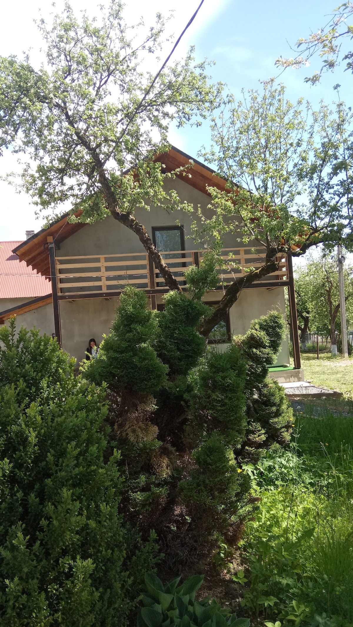 A charming house features a wooden balcony with a simple railing, surrounded by greenery. In the foreground, a unique shrub adds texture, while trees with fresh foliage create a pleasant outdoor environment. The structure's neutral exterior complements the natural setting.