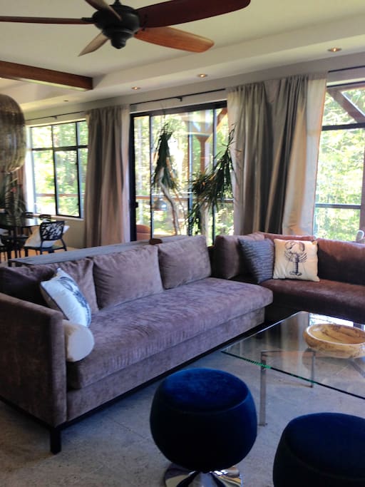 Open concept living space with modern high end comfortable sectional.