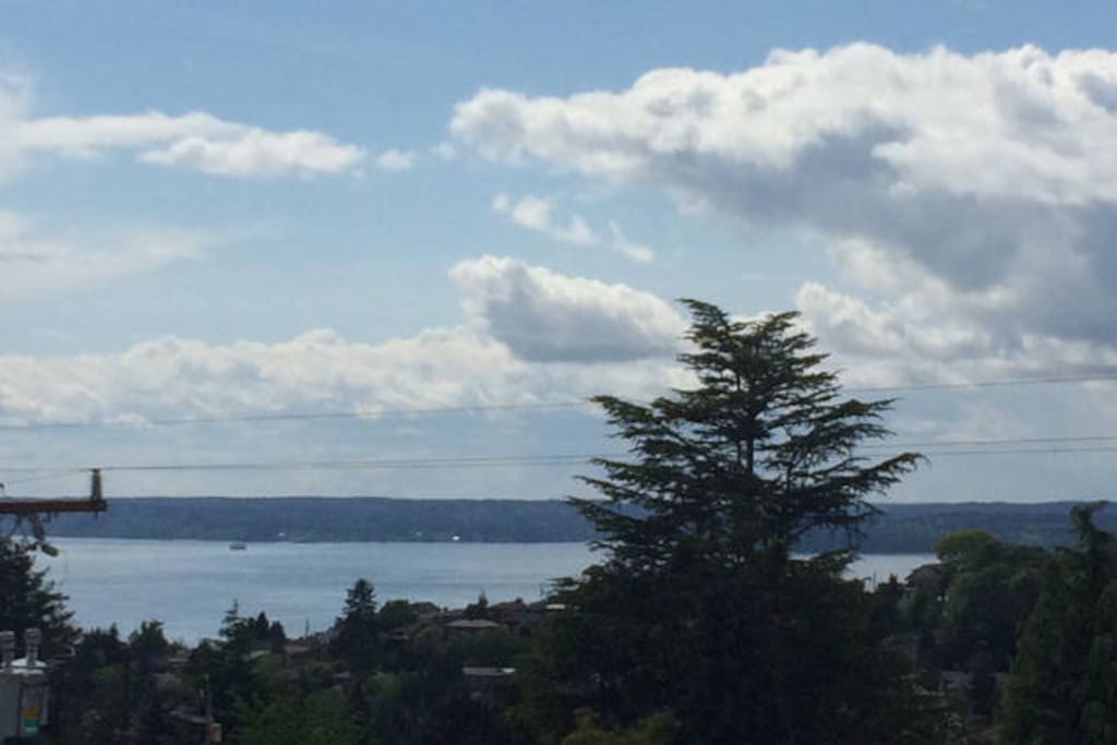 Views of Puget Sound and the Olympic and Cascade Mountain Ranges from the private roof deck on a clear day