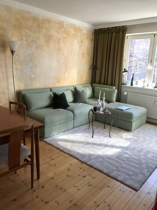 sonniges Wohnzimmer mit Schlafcouch