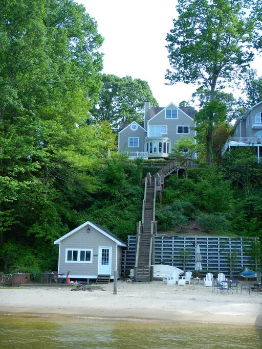 House is 50 feet up off the Severn River. Private beach, shed and boat dock.
