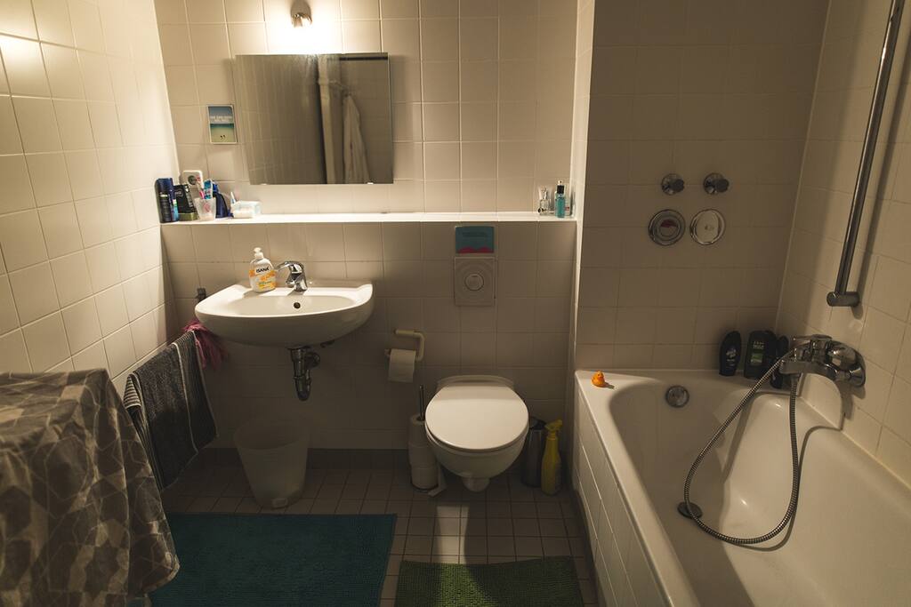 Bathroom with bath tub and washing machine