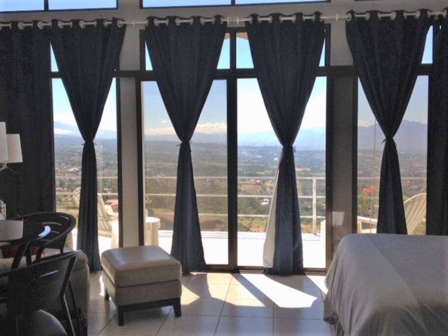 Front wall, all glass with blackout curtains