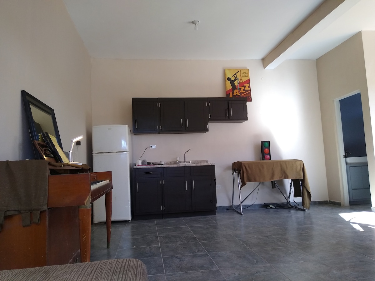 An open living space features dark cabinetry and a white refrigerator. A piano sits in one corner, while a table is covered with a cloth. Light enters through a window, illuminating the textured gray flooring and walls painted in a soft neutral color.