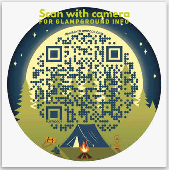 A round graphic featuring a QR code is set against a backdrop of a large, illuminated moon. Stylized trees and a tent are depicted below, alongside a small campfire. The text instructs visitors to scan the code for more information about the glampground.