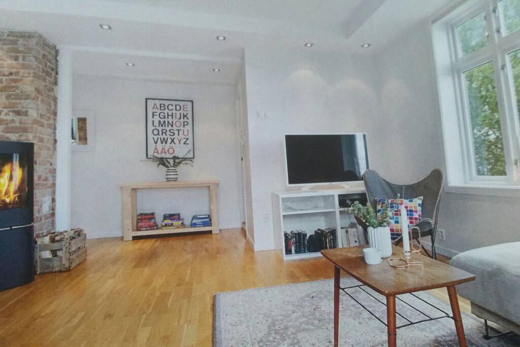 Living room with fireplace and smart-tv (furniture is changed)