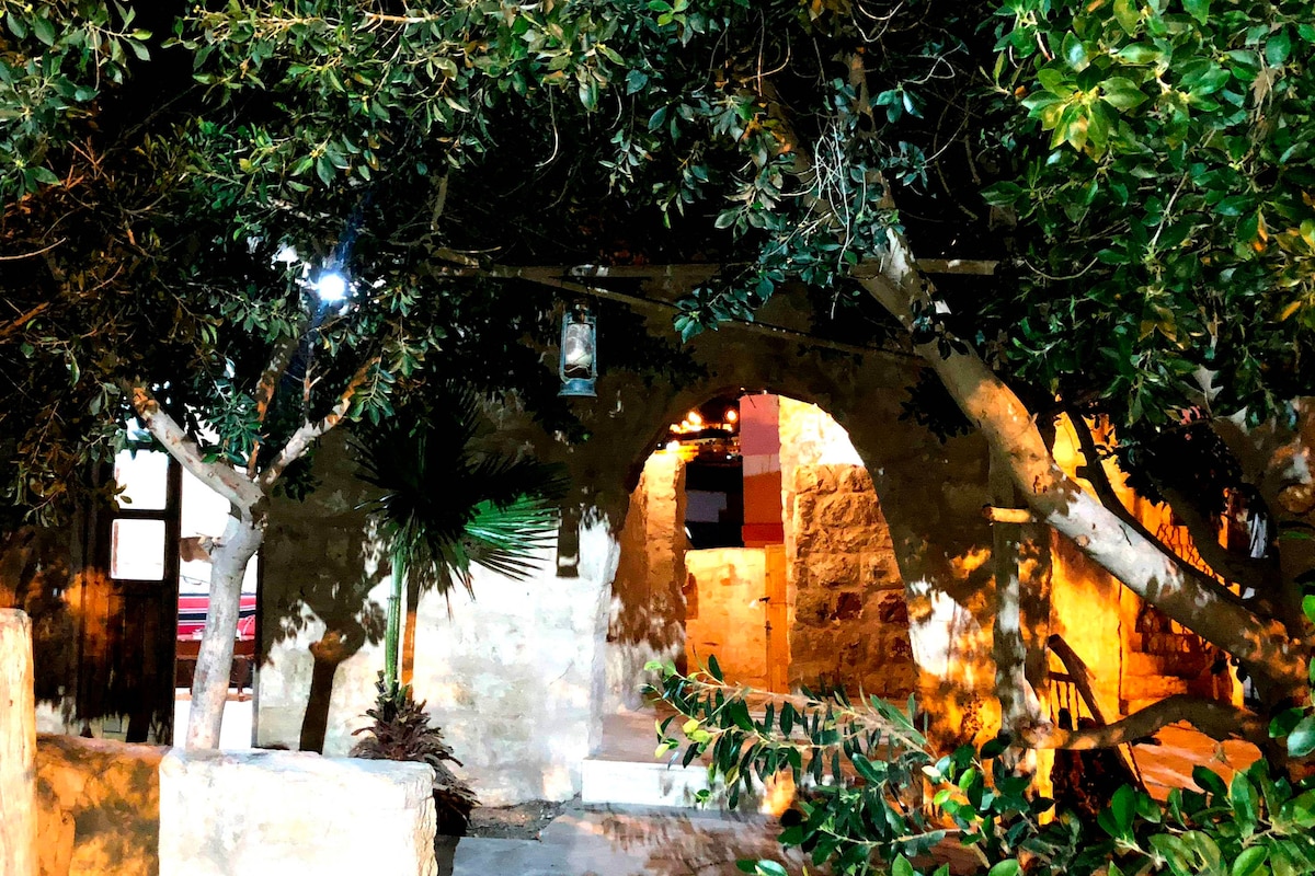 A traditional entrance is framed by lush greenery and mature trees, creating a natural canopy. Soft lighting highlights the stone walls and arched doorway, inviting guests into the home. The pathway is lined with foliage, enhancing the charm of the outdoor space.