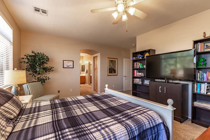 Bedroom #2.  Master bedroom upstairs with super comfortable queen bed and 55" Smart TV.