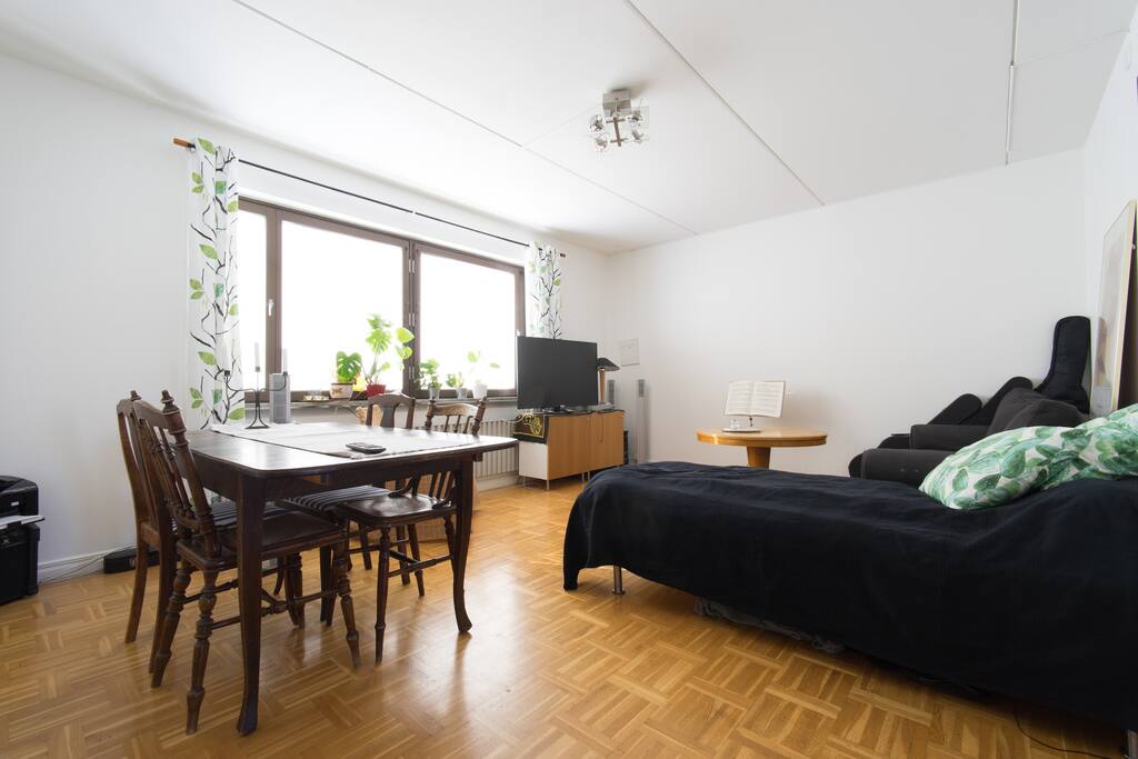 Vardagsrum från hallen. TV, matsalsbord, bäddsoffa och en extrasäng som fungerar som schäslong