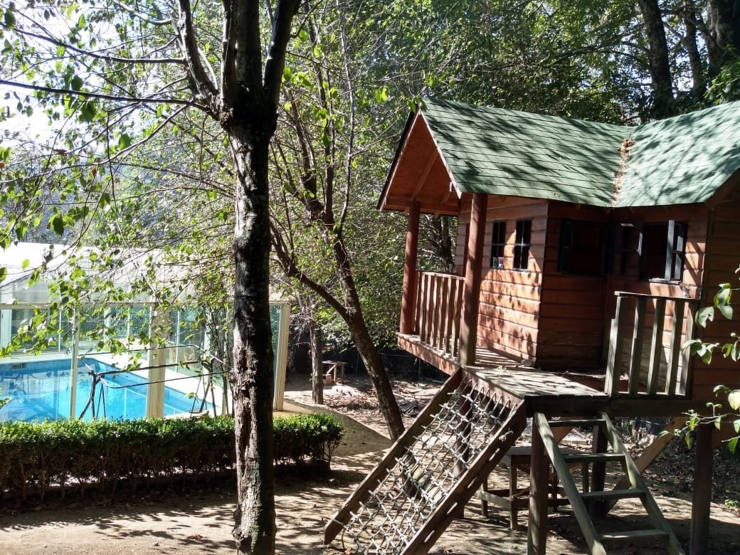A charming wooden playhouse is nestled among trees, featuring a sloped green roof and balcony. Nearby, a pool is visible through a glass enclosure, surrounded by foliage. A wooden ladder provides access to the elevated structure, offering a playful space for children.