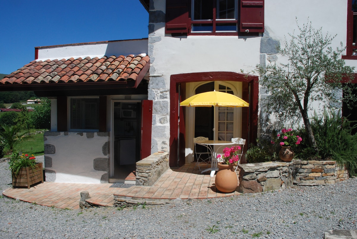 An entrance area is visible, featuring a terracotta-tiled terrace and a small table with a yellow umbrella. Surrounding greenery and flower pots add color to the entrance. The rustic stone facade complements the bright window shutters, enhancing the welcoming environment.