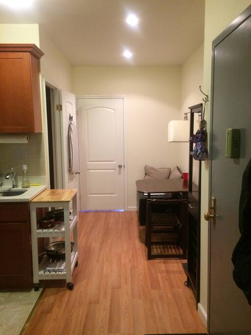 view from opposite side of the apt from the guest bedroom - the table and "couch" comprise the "common space".