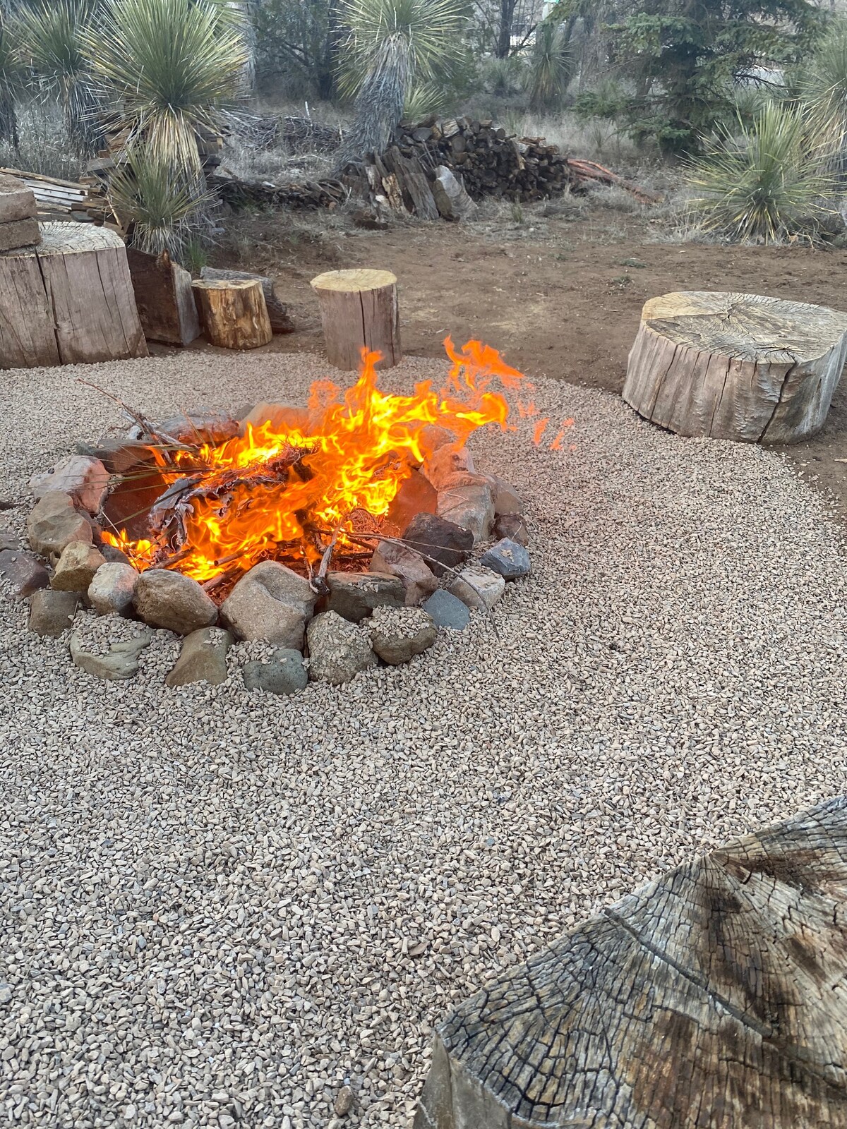 A rustic bonfire pit is surrounded by natural stone and gravel. Large logs serve as seating around the fire. The vibrant flames dance among the burning wood, creating a warm focal point in the serene outdoor setting.
