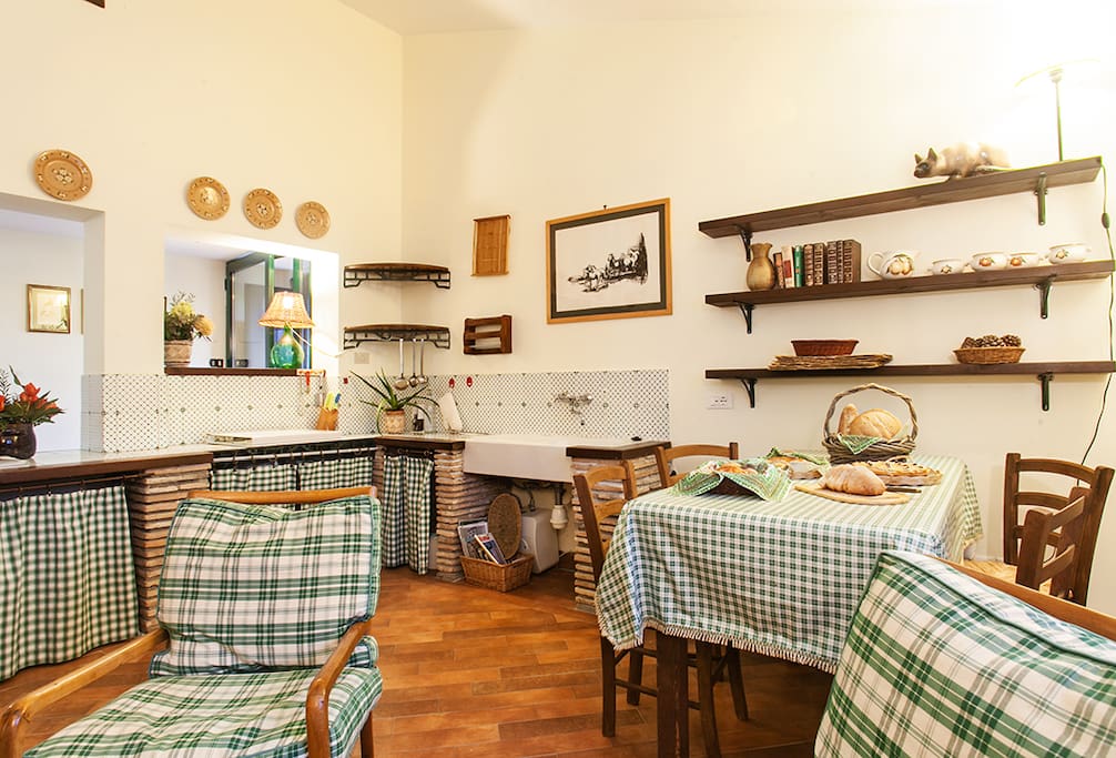 Cucina e zona giorno con camino / Kitchen and living area with