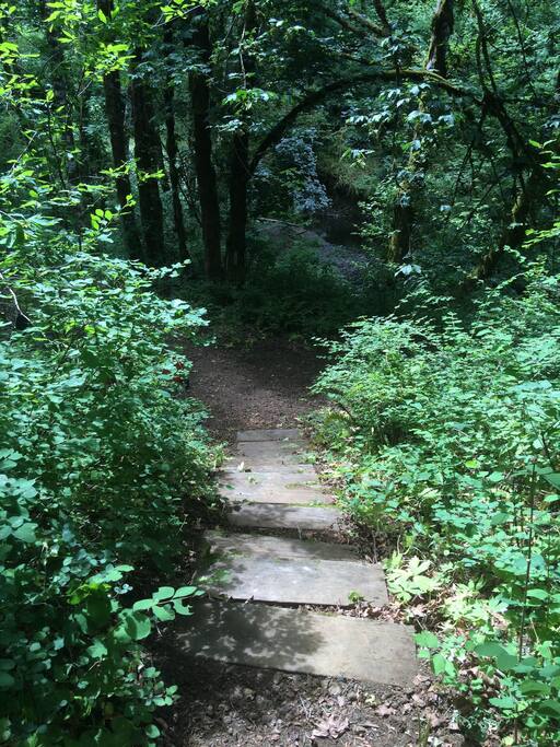 Steps leading down to the fire pit and creek.