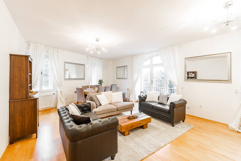 Spacious living space with dining area