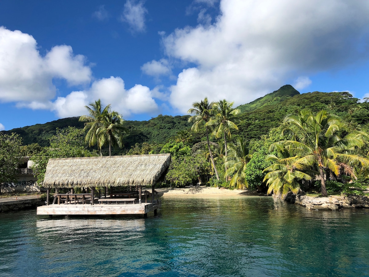 A thatched-roof pavilion extends over the tranquil lagoon, surrounded by lush greenery and palm trees. The serene blue waters reflect the clear sky and the gently sloping hillside, offering a peaceful outdoor space ideal for relaxation.