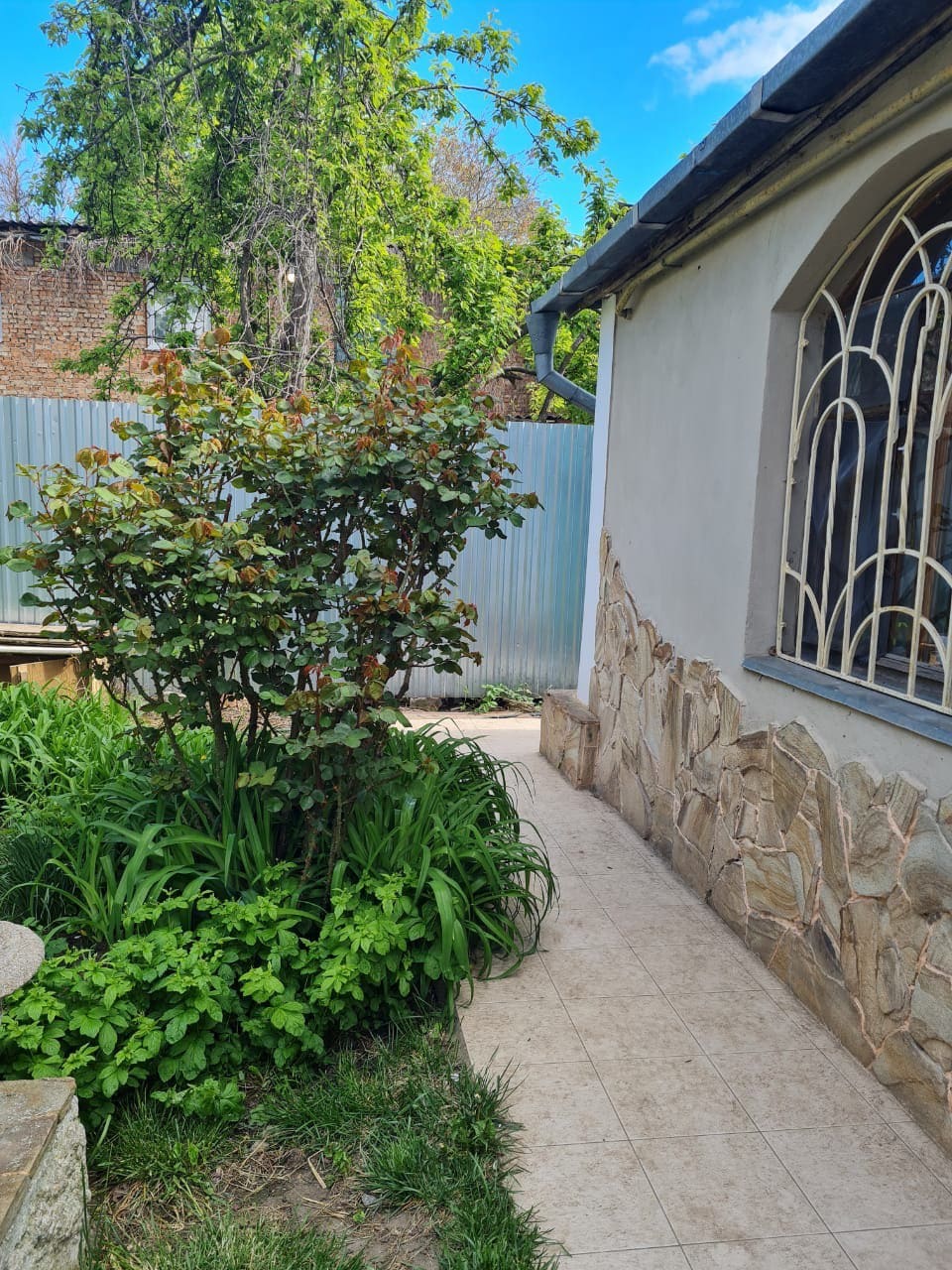 A pathway meanders alongside a stone wall, bordered by lush greenery and a flowering bush. Sunlight highlights the foliage, creating a serene outdoor space. The surrounding area is enclosed by a low fence, offering privacy and a peaceful atmosphere.