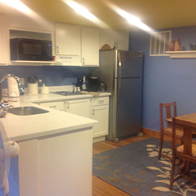 Fully functional. Two burners for stove top, microwave and toaster oven. Krups coffee machine.