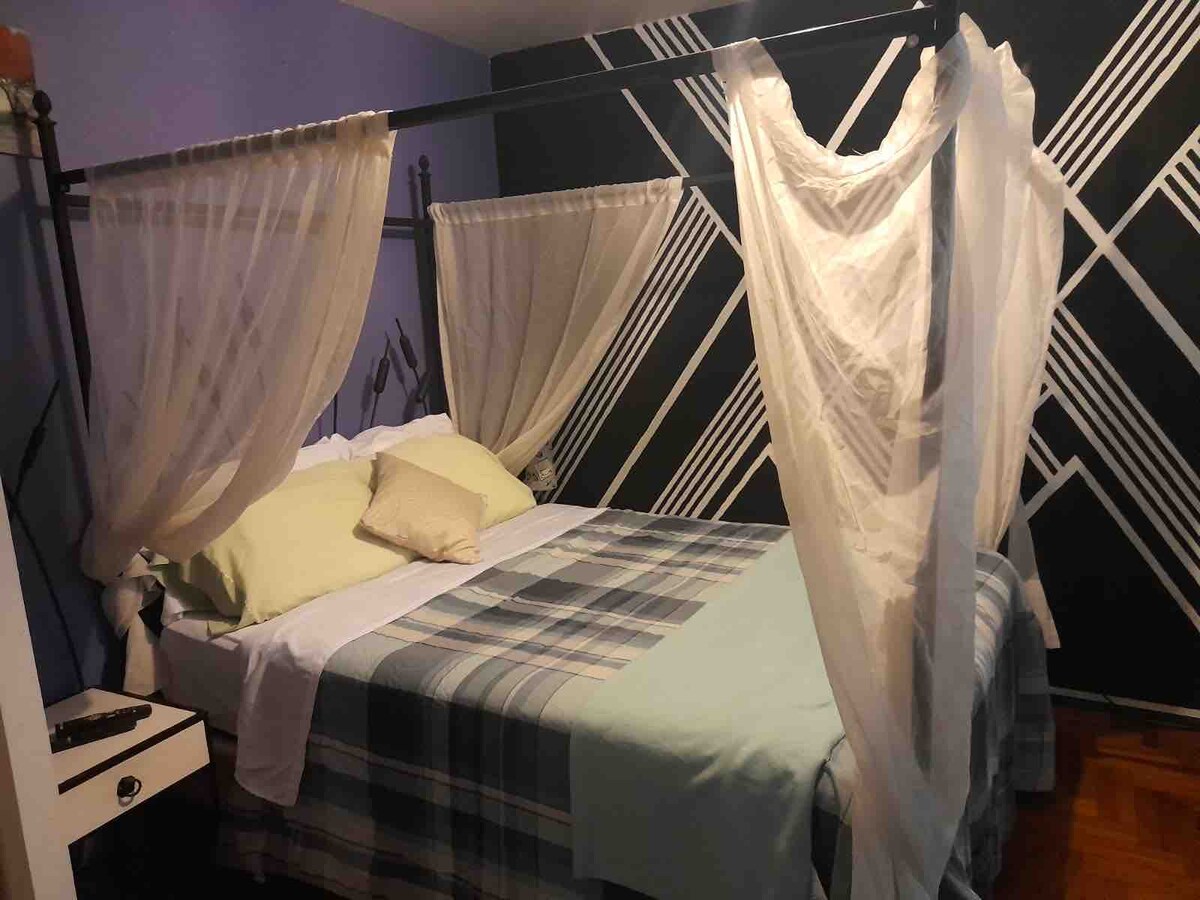 A spacious bed is framed by sheer curtains, creating a soft division in the room. The bed is layered with light-colored linens and accented by a decorative pillow. A wall with bold geometric patterns provides a striking backdrop.