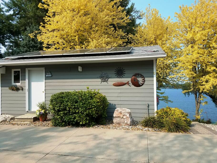 Front of Guest Cabin. Solar heating and cooling.