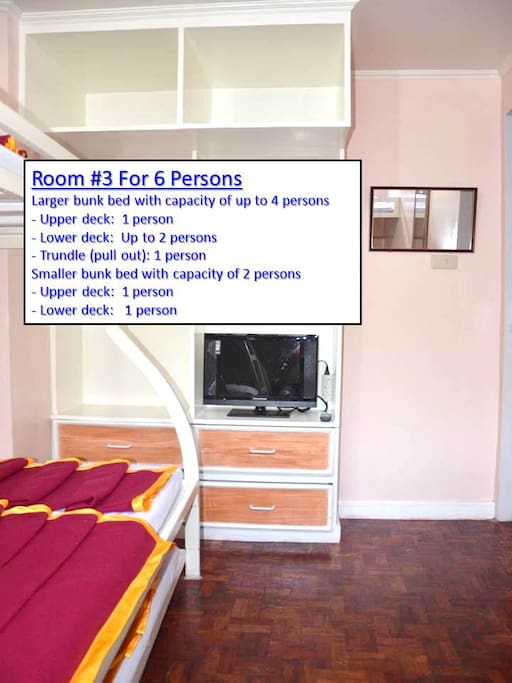 Sleeps up to six people on two bunk beds; one of the bunk beds has a pull-out (trundle) bed.
Bed sizes (Width x Length): Bunk Bed with trundle (pull-out): Upper deck 36" x 75" (Sleeps one), Lower deck 48" x 75" (Sleeps up to two). Trundle (pull-out) 36" x 75" (Sleeps one). Bunk Bed without trundle: Upper deck 33" x 72" (Sleeps one), Lower deck 27" x 72" (Sleeps one). Note: Bathroom/Toilet assigned to Bedroom #3 is located in front of the room...about 4 meters away.
