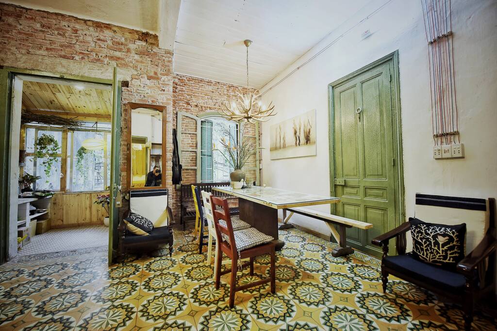 Living area with the hand-crafted dining table