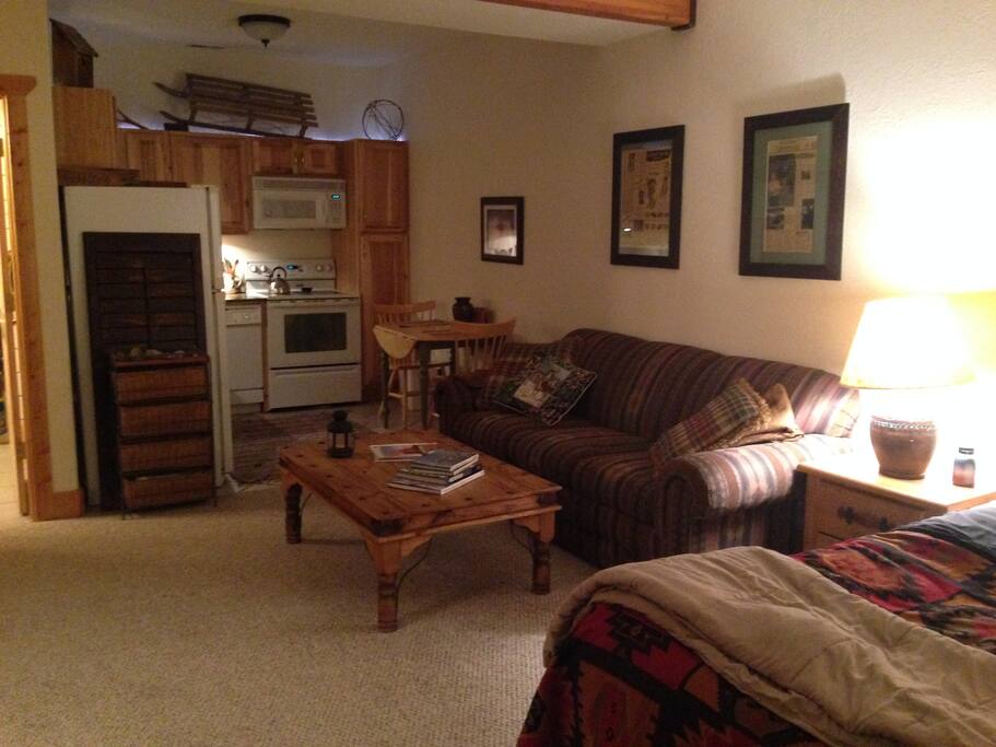 Studio apartment with full kitchen and bath. Furnished with a queen bed and queen sofa bed.