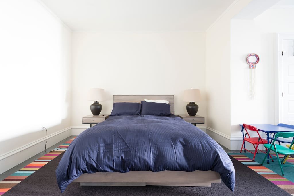 Comfortable queen bed to relax in.