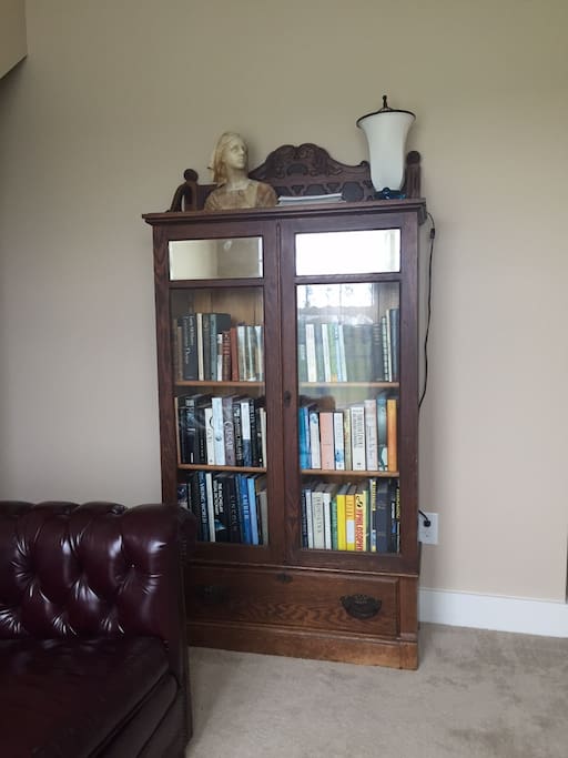 Bookcase with reading materials is in the room
