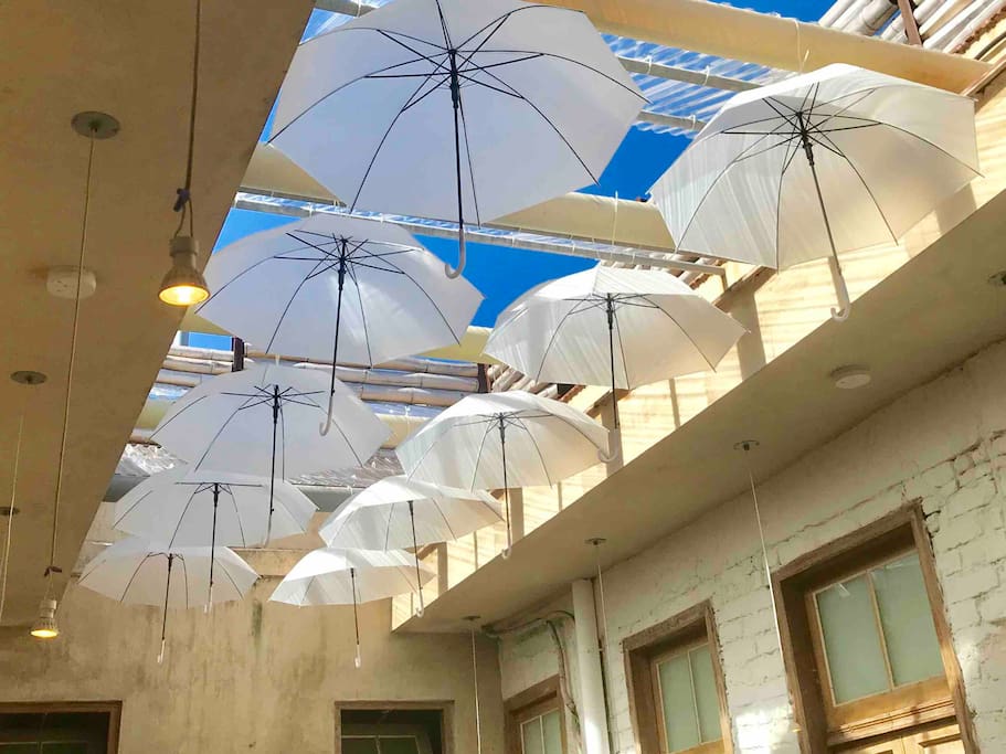 Umbrellas float below the skylights!