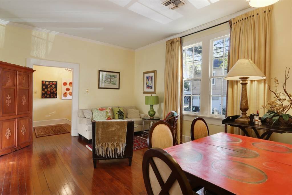 The living room and dining space.
