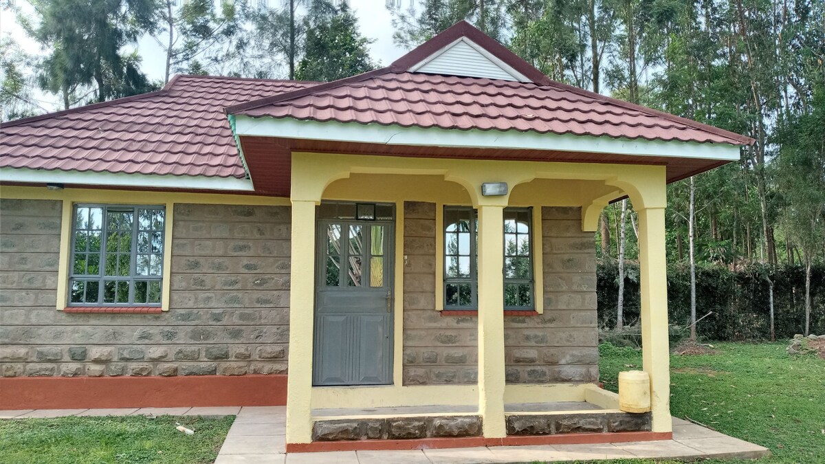 The bungalow features a warm color palette with a stone exterior and a tiled roof. A welcoming porch is highlighted by two large windows on either side of the front door, which is set in a framed entryway. Lush greenery surrounds the building.