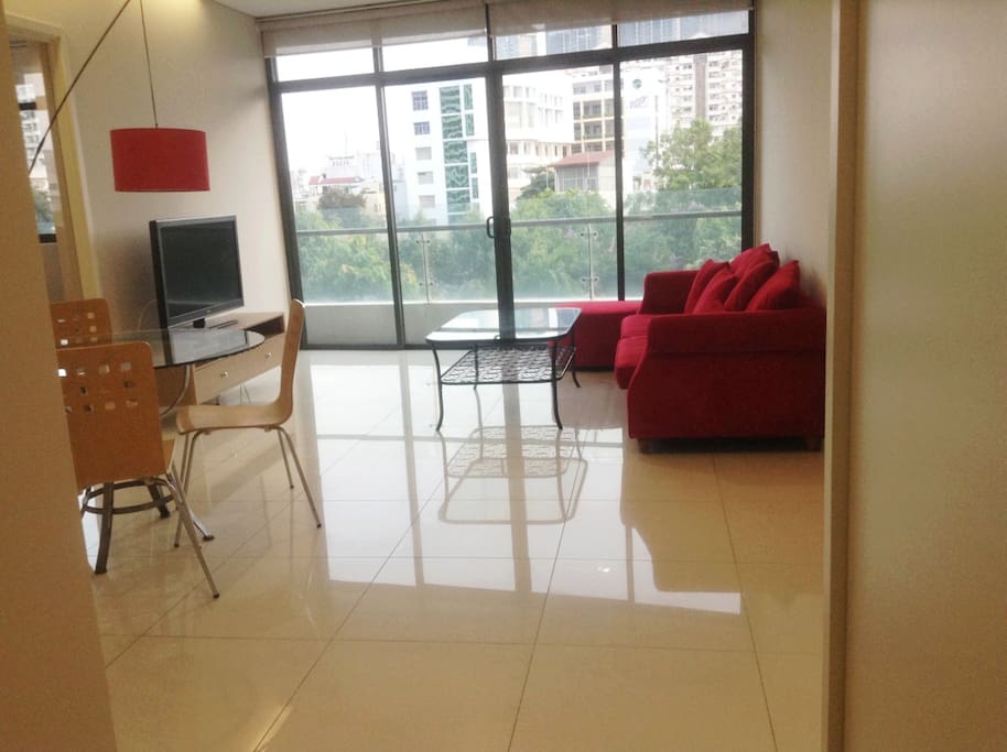 The view of the living room from the entrance.