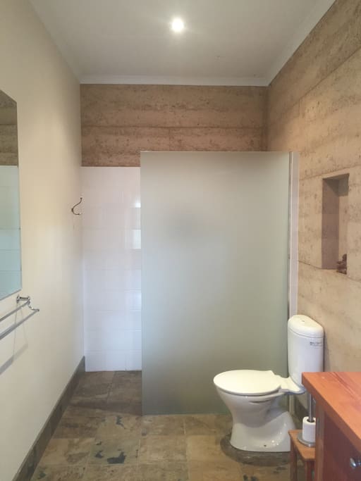 Walk in shower, with locally made soap and shampoo.