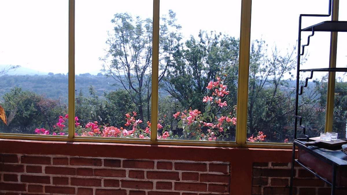 A large window allows for expansive views of lush greenery and colorful flowers outside. The scene features a variety of flowering plants in shades of pink and orange, enhancing the natural surroundings visible from the interior space.
