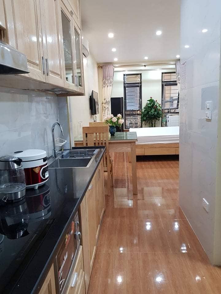 A modern kitchenette is seen on the left, featuring wooden cabinets, a sink, and a stove. A small dining table with two chairs is positioned next to the kitchenette. The sleeping area is visible in the background, showcasing a spacious bed and greenery from potted plants near the window.