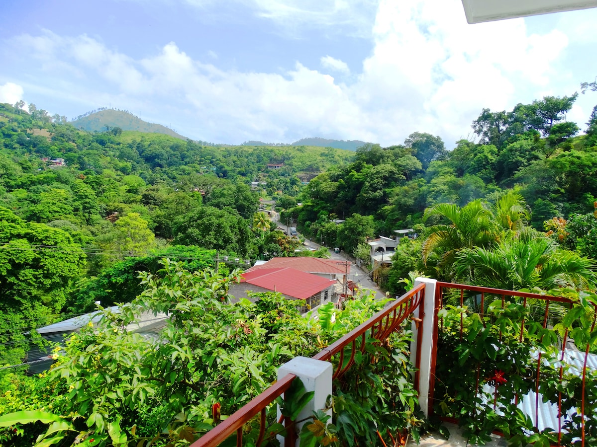 A scenic view of a lush green landscape is captured from a balcony. Rolling hills are visible in the background, interspersed with trees. A few residential buildings with red roofs are nestled among the greenery, accentuating the natural surroundings.