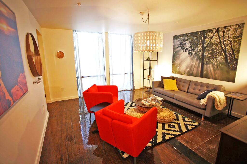 Living room with original floors