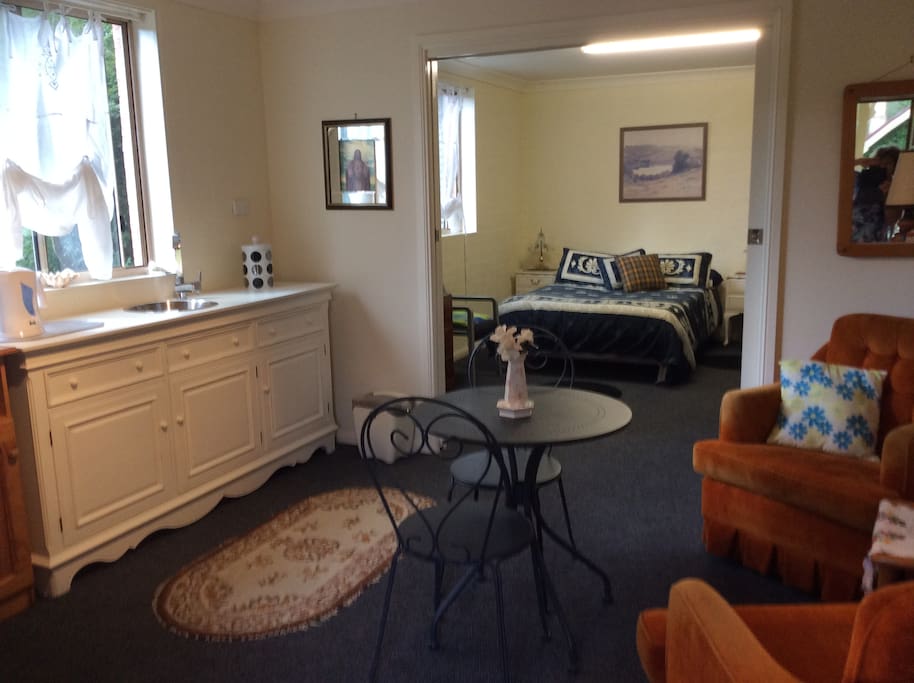 From the entry looking at space with full bathroom and some storage on the right of the picture in bed area.