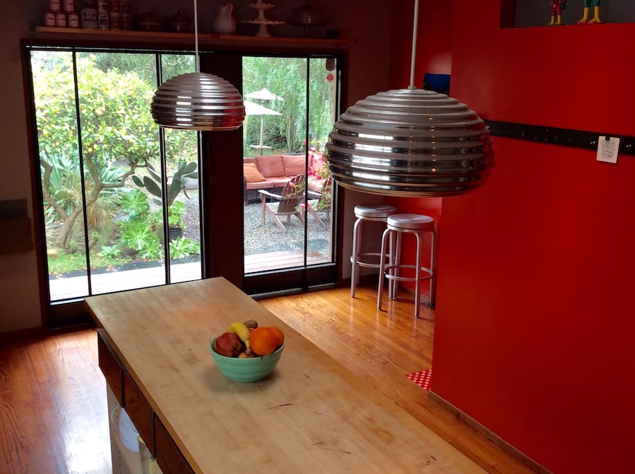 Kitchen looking outside to the backyard