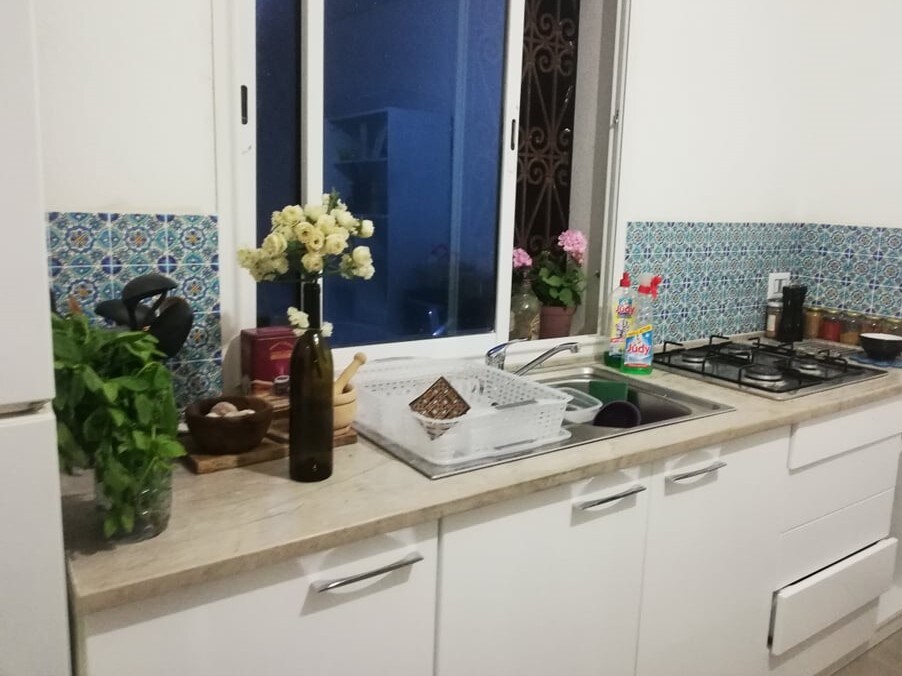 A kitchen area features a high countertop with a sink, surrounded by tasteful tile that adds a touch of color. A vase of flowers sits beside fresh herbs, while dishwashing essentials and a pot of plants are arranged nearby.