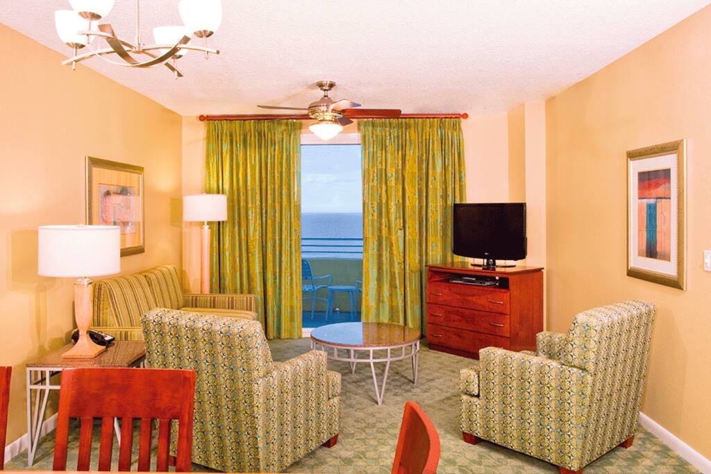 The living-room is a great place to hang out at the end of a fun day